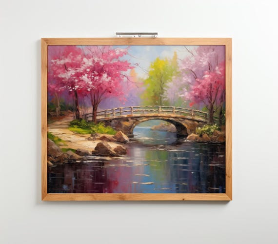 Japanese Garden Oil Painting Style Print Zen Home Decor