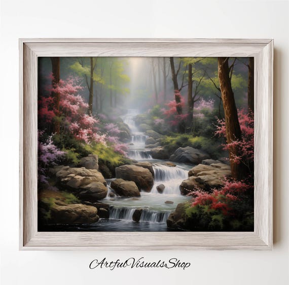 Enchanted Forest Waterfall Painting Nature Home Decor