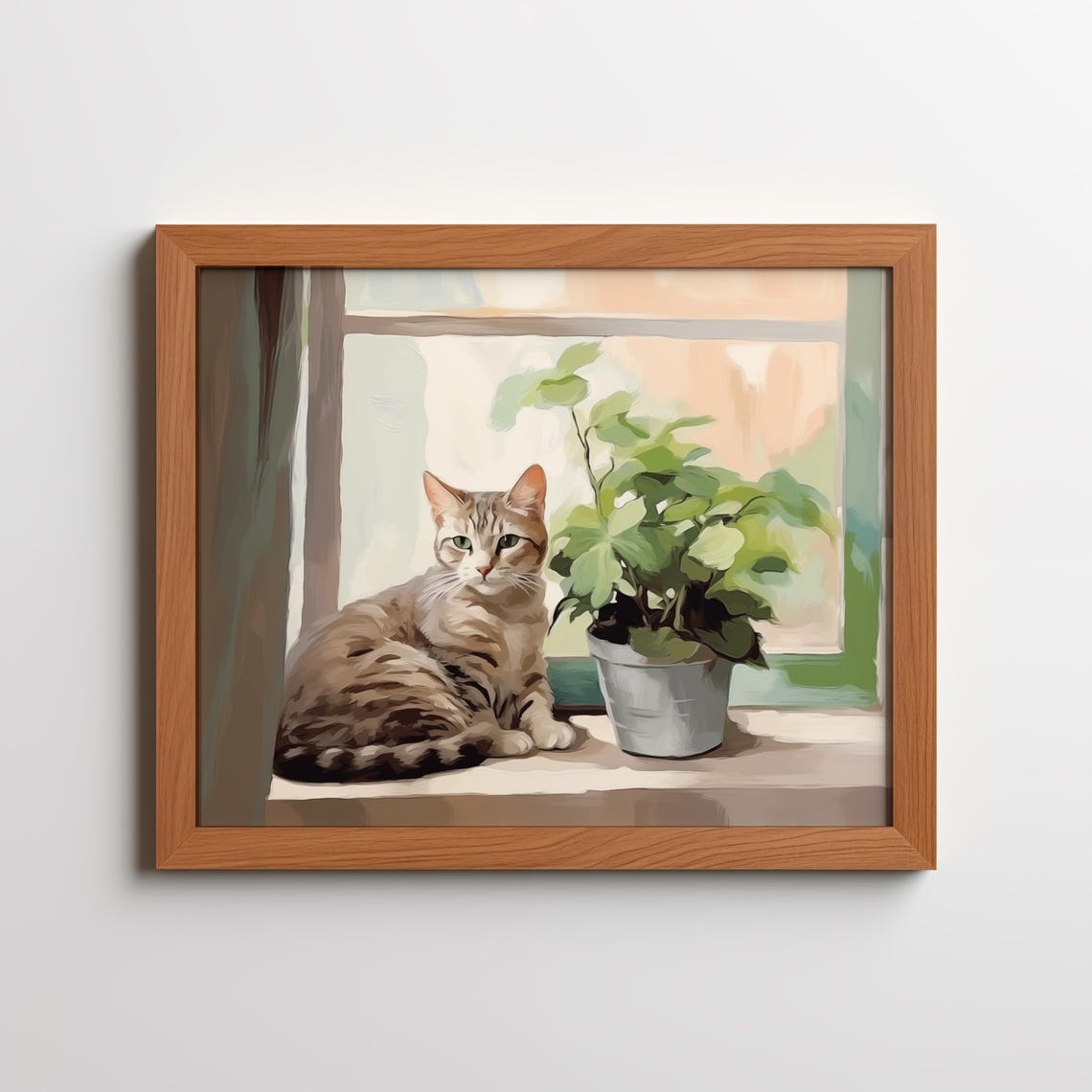 Tabby Cat Resting On Sunny Windowsill With Plant Cozy Art Poster