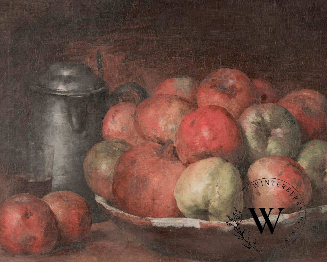 Dark Vintage Apple Still Life Bowl Pewter Jug Kitchen Wall Poster - Image 3