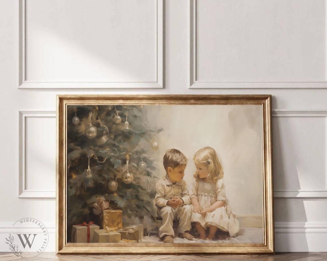 Brother Sister By Christmas Tree Gifts Vintage Holiday Wall Poster