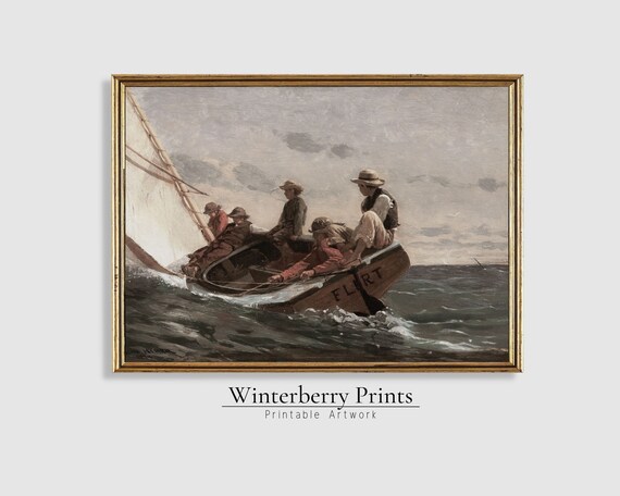 Vintage Sailboat Crew Sailing Boys Antique Nautical Oil Painting Wall Art Print