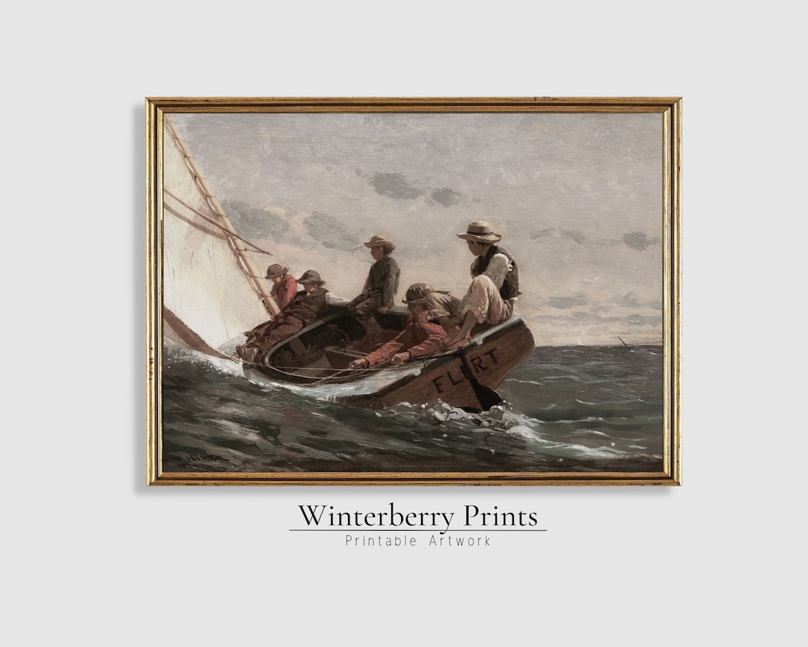 Vintage Sailboat Crew Sailing Boys Antique Nautical Oil Painting Wall Art Print