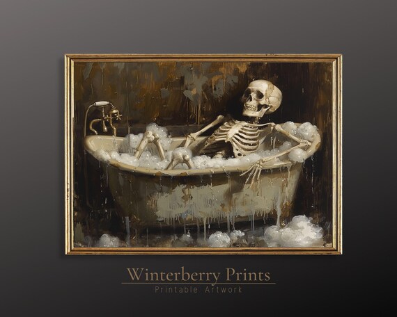 Skeleton Bath Tub Bubble Bath Gothic Oil Painting Dark Academia Art Print