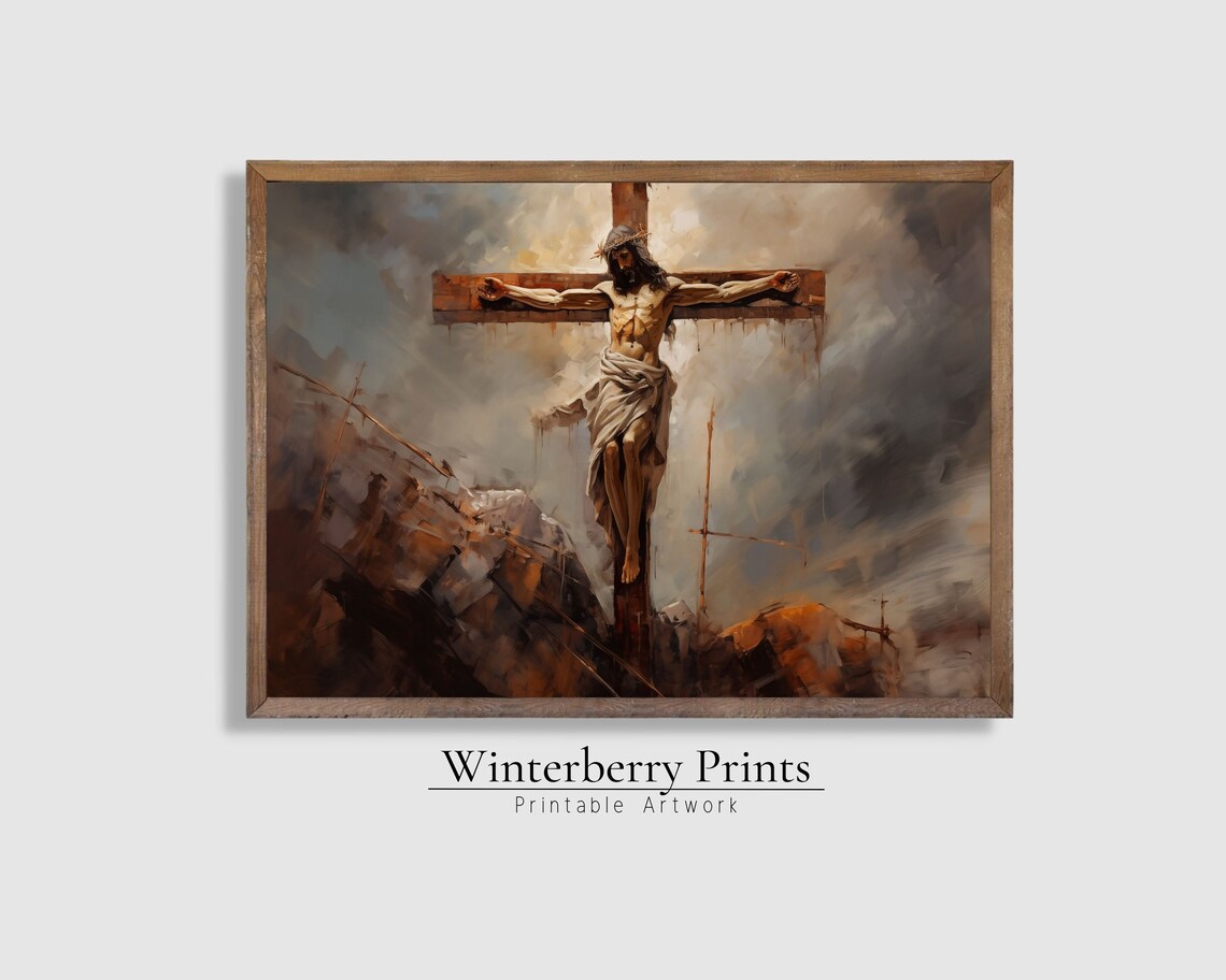 Crucifixion of Jesus Christ Stormy Sky Dramatic Christian Painting Art Print