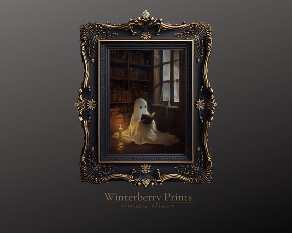 Vintage Library Ghost Art Print, Dark Academia Halloween