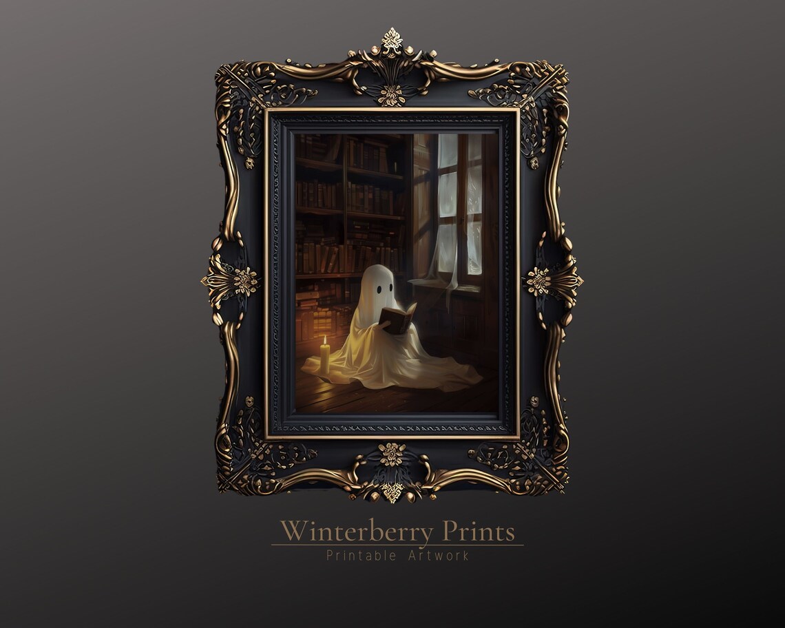 Vintage Library Ghost Art Print, Dark Academia Halloween