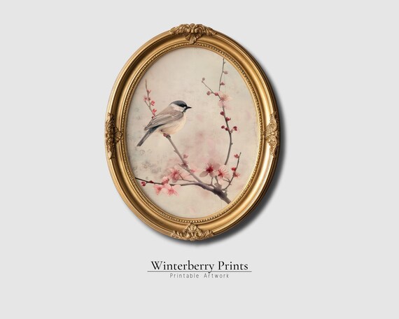 Chickadee on Cherry Blossom Branch Vintage Floral Bird Painting Oval Art Poster