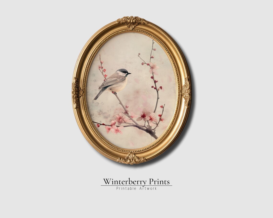 Chickadee on Cherry Blossom Branch Vintage Floral Bird Painting Oval Art Poster