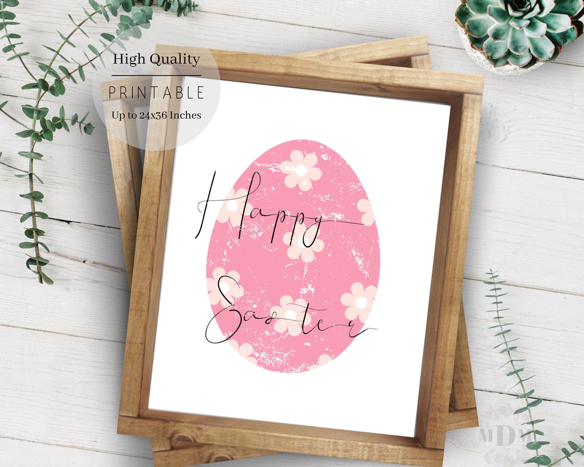 Happy Easter Pink Floral Egg Script Rustic Framed Holiday Wall Poster - Image 5