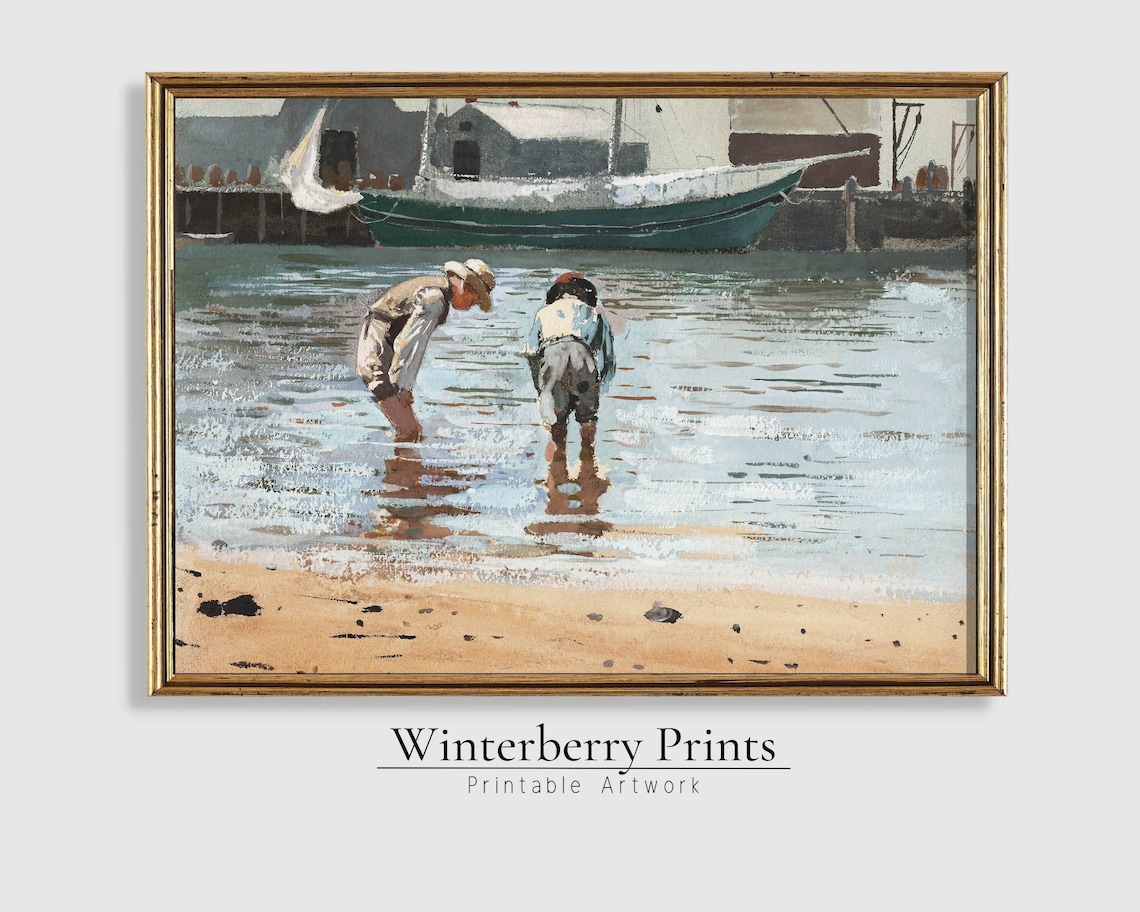 Vintage Boys Wading Harbor Water Sailboat Antique Seascape Art Poster