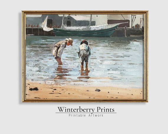 Vintage Boys Wading Harbor Water Sailboat Antique Seascape Art Poster