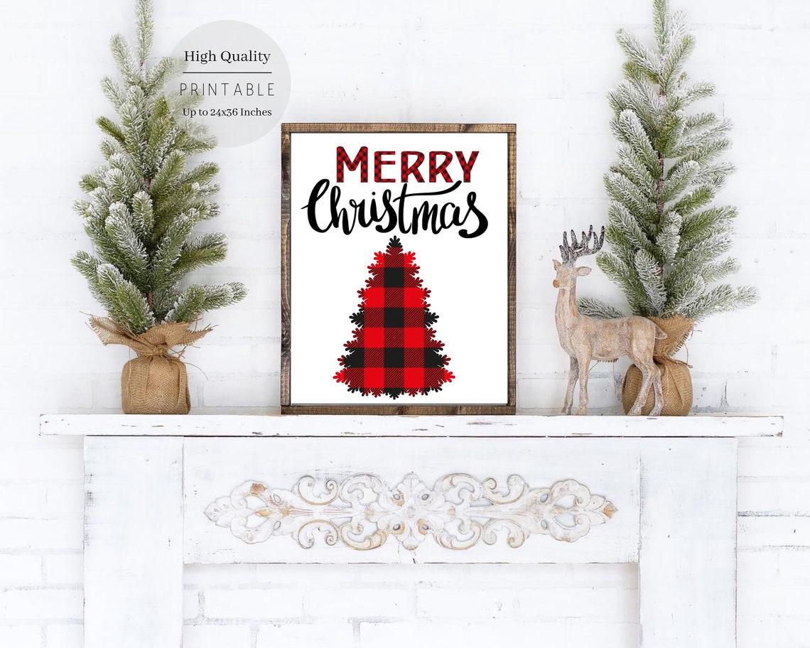 Merry Christmas Red Black Buffalo Plaid Feathery Tree Greeting Poster - Image 5