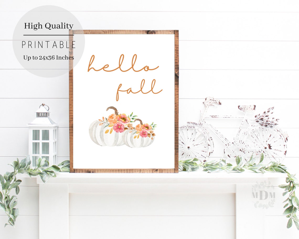 Hello Fall Orange Script White Floral Pumpkin Watercolor Poster - Image 3