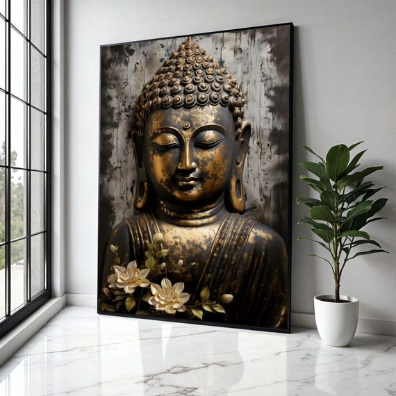 Serene Buddha Face Canvas Wall Art Golden Antique Statue Spiritual Home Decor Meditation Room Gift Print