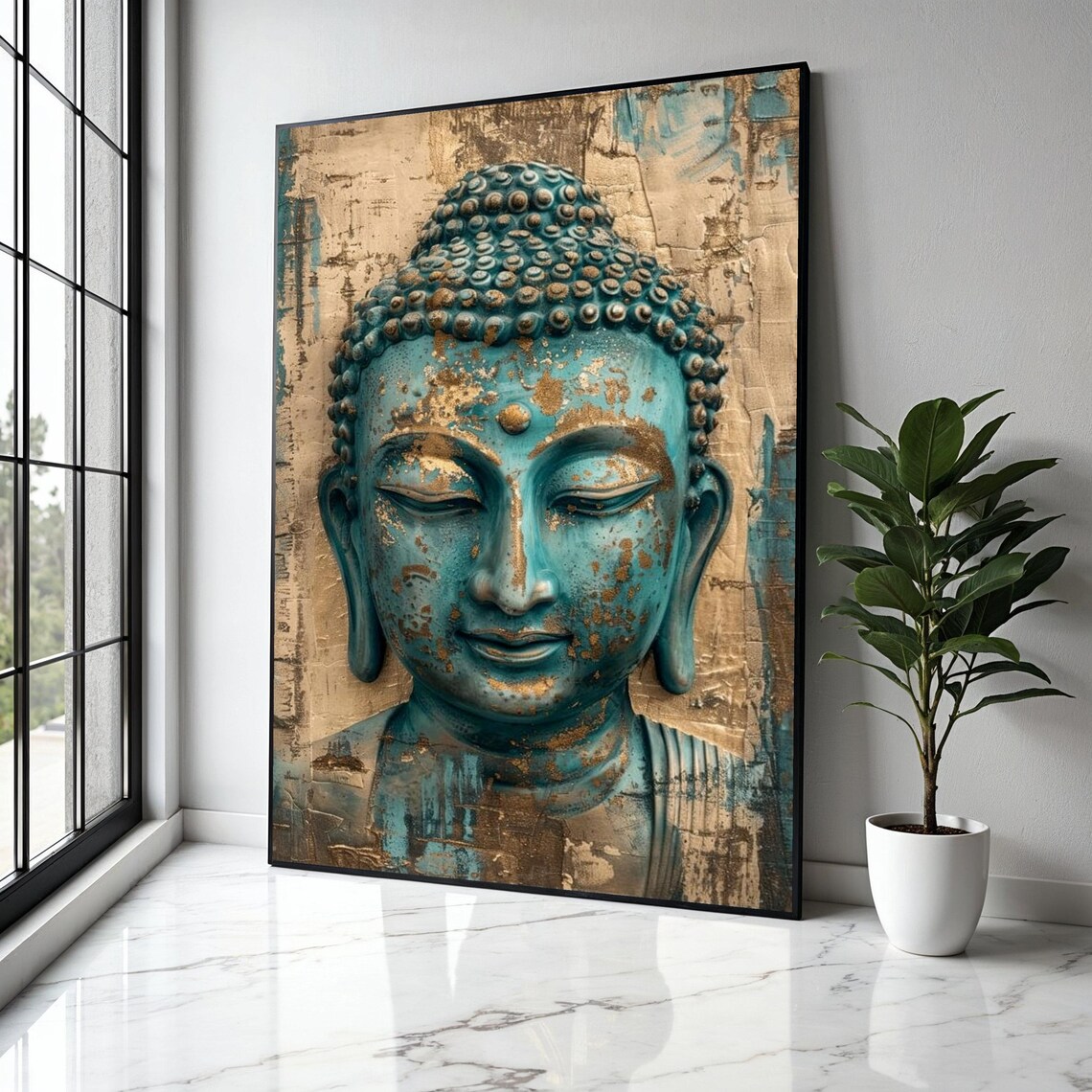 Teal Buddha Face Gold Leaf Accents Antique Turquoise Zen Spiritual Poster