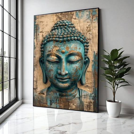 Tranquil Buddha Face Canvas Wall Art Zen Meditation Decor Spiritual Home Accent Blue And Gold Gift Print