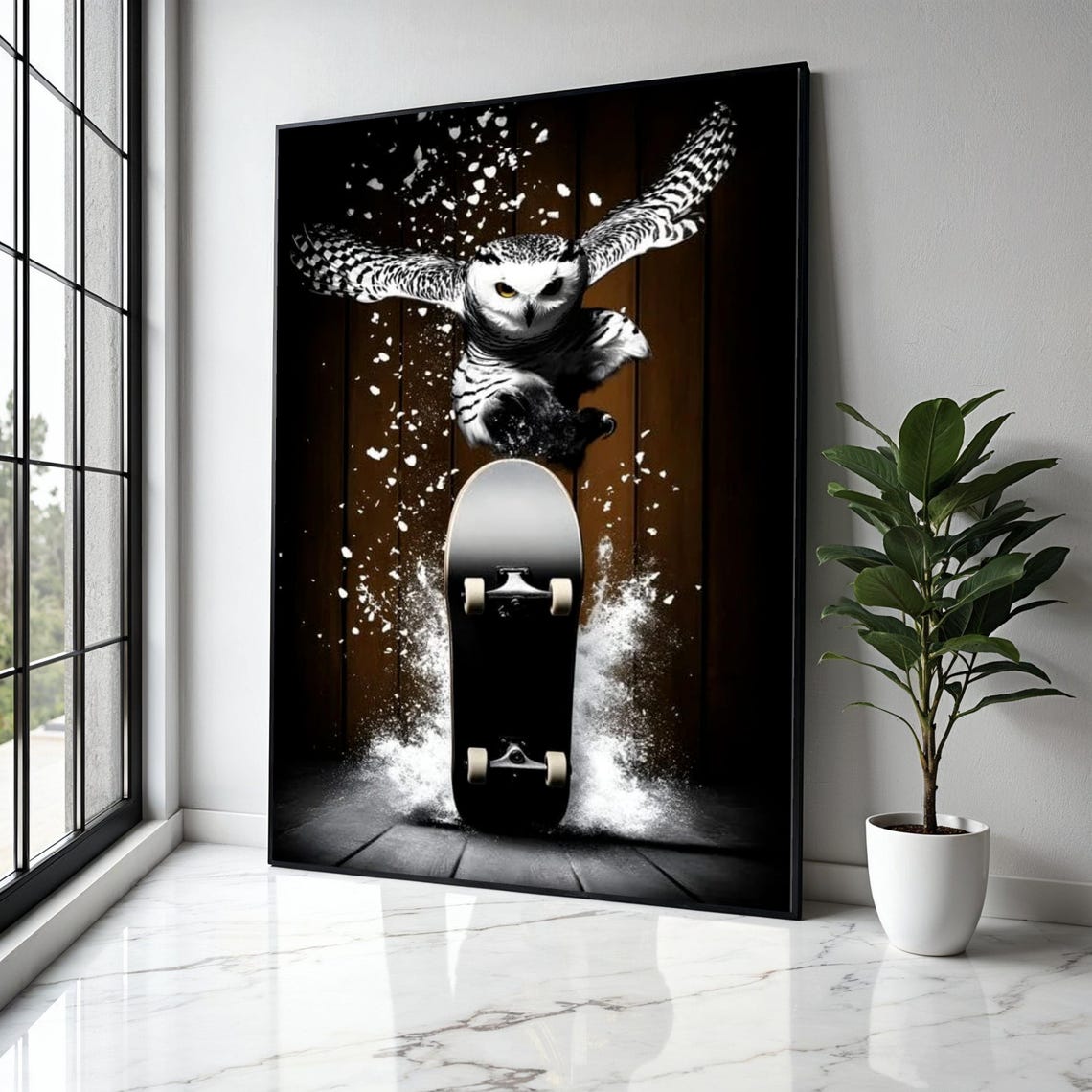 Owl Flying Over Skateboard Splash Dynamic Urban Street Art Poster