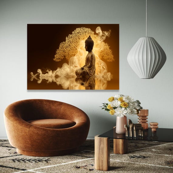 Meditative Buddha Statue Canvas Spiritual Wall Art Golden Tree Background Yoga And Zen Decor Serene Home Gift Print