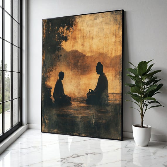 Serene Meditation Duo Canvas Buddha Silhouette Wall Art Zen Spiritual Decor Tranquil Asian Landscape Gift Home Print
