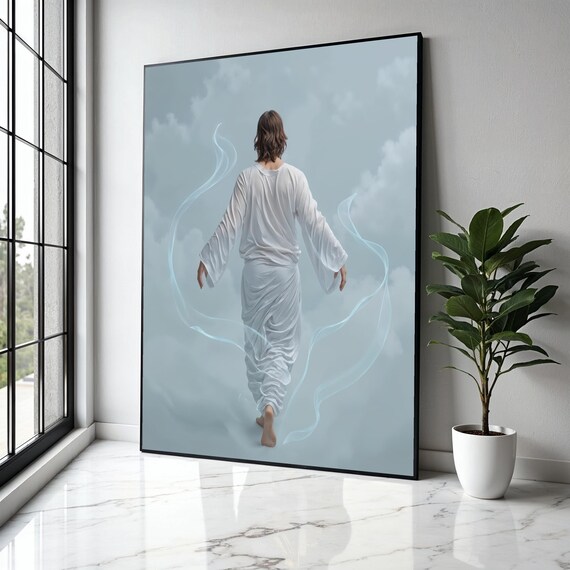 Serene Figure In White Robe Walking Into The Clouds Wall Art