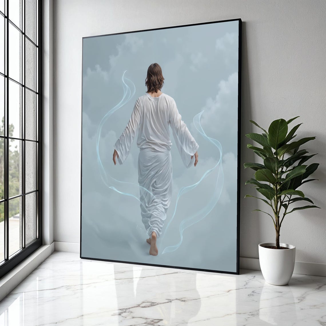Serene Figure In White Robe Walking Into The Clouds Wall Art
