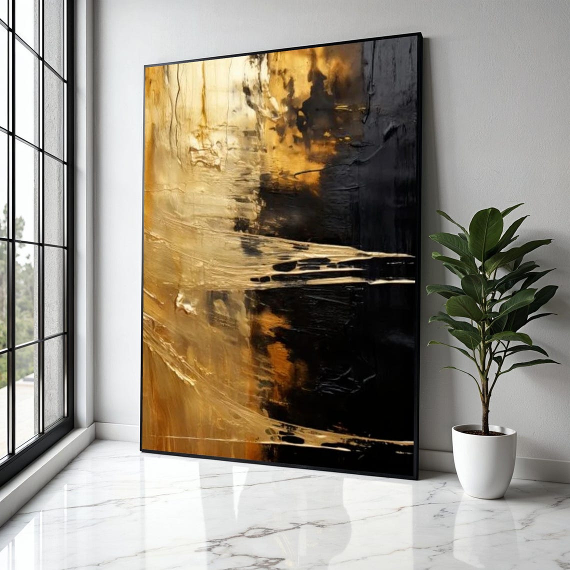 Black Gold Abstract Painting Textured Dramatic Modern Wall Poster