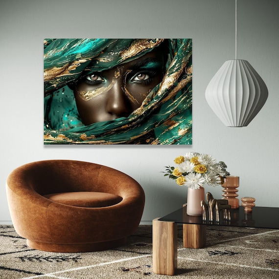Emerald Gold Veiled Eyes Woman Mystical Teal Abstract Poster