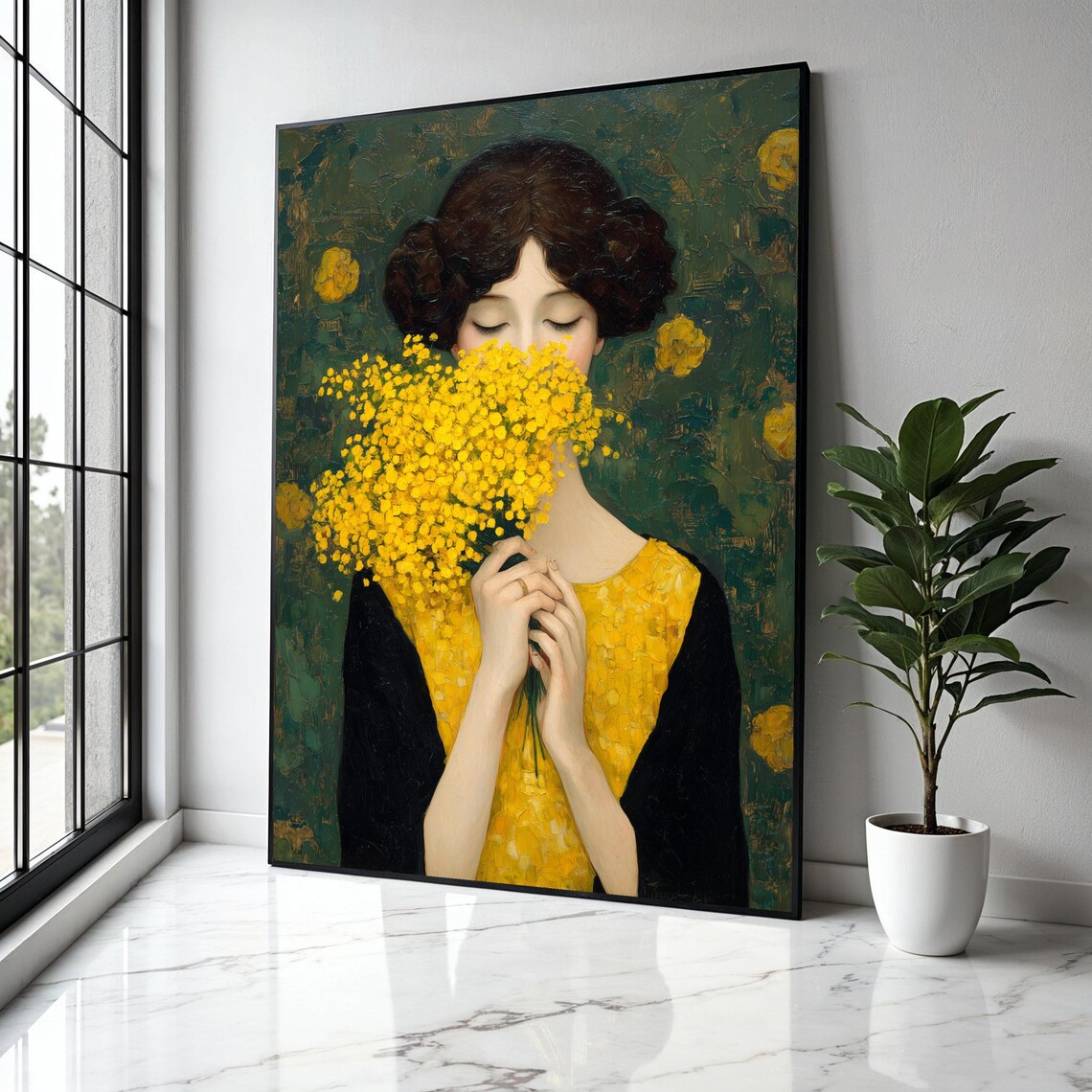 Woman In Yellow Dress Holding Golden Blossom Bouquet Art Poster