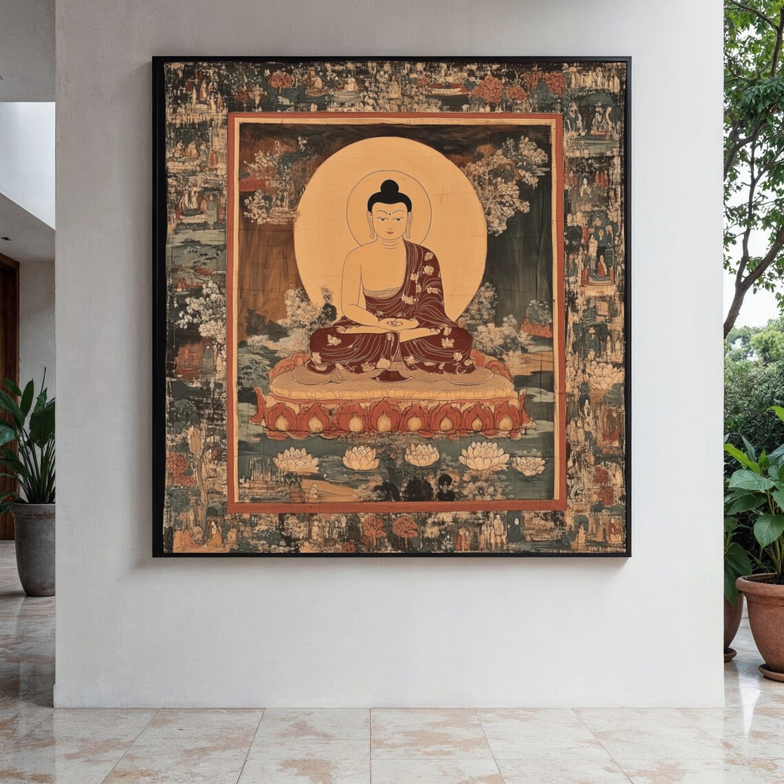 Antique Japanese Style Buddha Lotus Throne Pale Halo Zen Art Poster