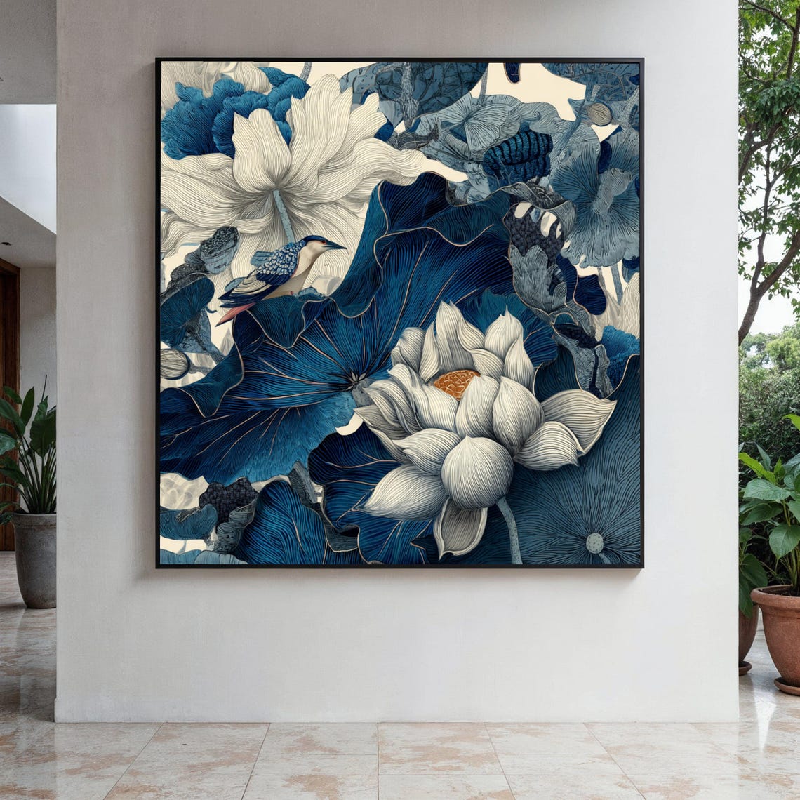 Elegant Blue Lotus Flowers Bird Japanese Style Botanical Poster
