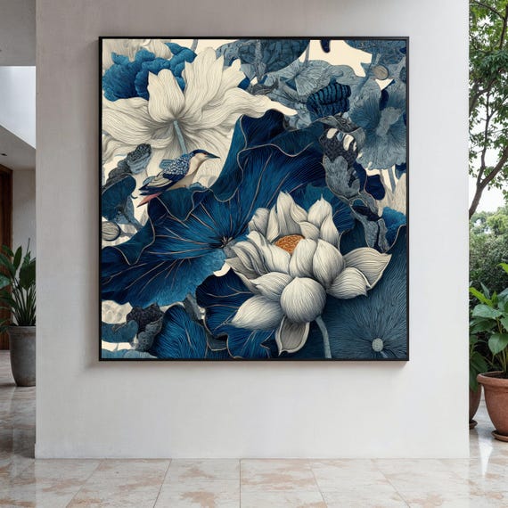Elegant Blue Flowers Canvas Wall Art Detailed Floral And Bird Illustration Natureinspired Home Decor Gift Print