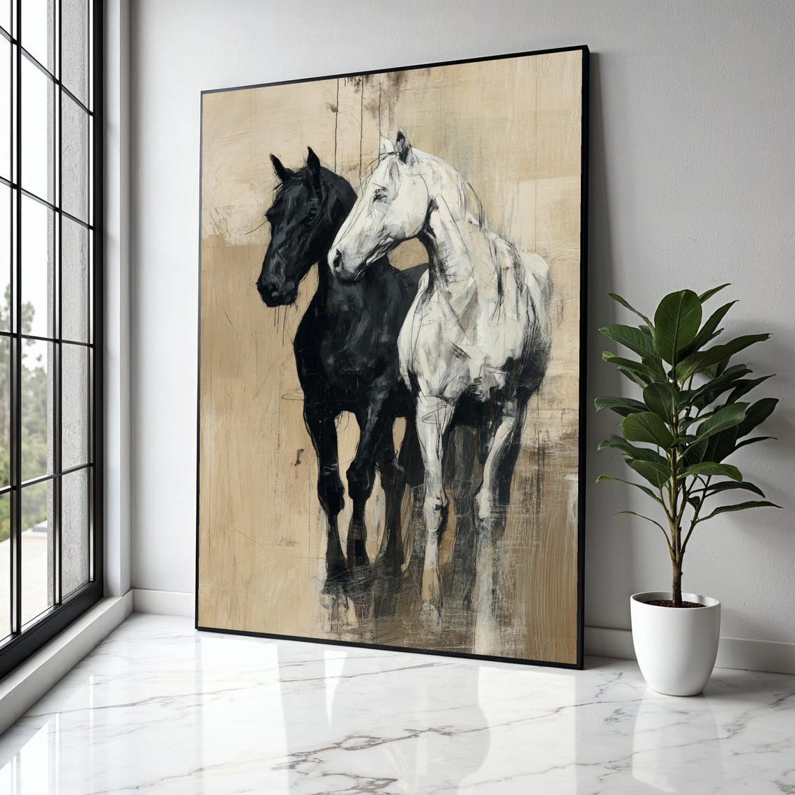 Black And White Horses Together On Rustic Beige Painting Poster