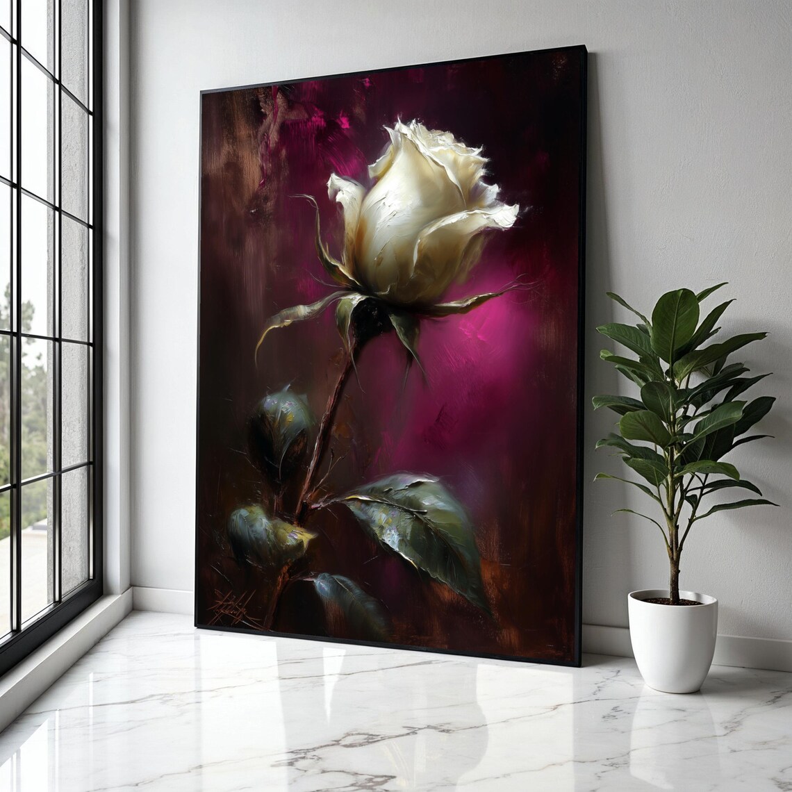 Elegant White Rose Romantic Dark Magenta Oil Painting Poster