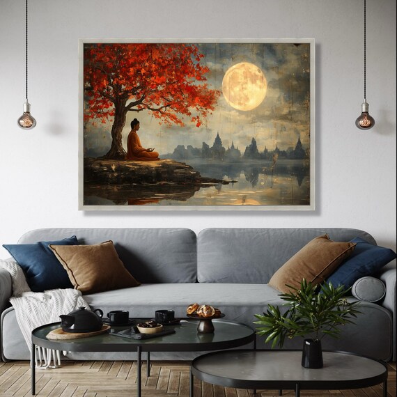 Buddha Under Red Maple Tree Full Moon Lake Temple Zen Poster