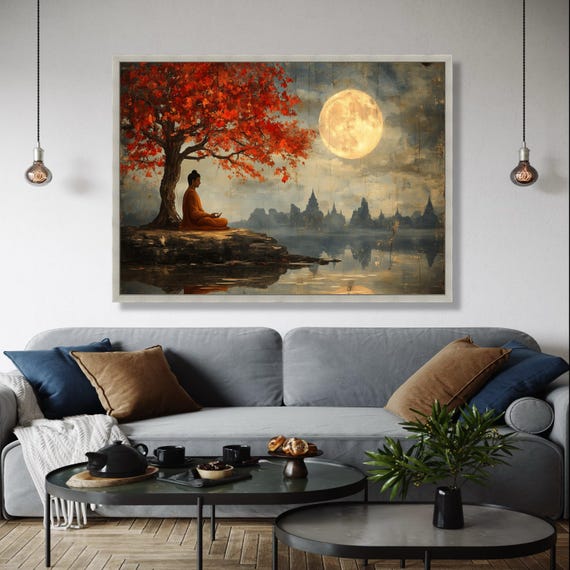 Meditative Buddha Under Red Maple Tree Canvas Full Moon Serenity Wall Art Tranquil Asian Landscape Painting Gift Home Decor Print