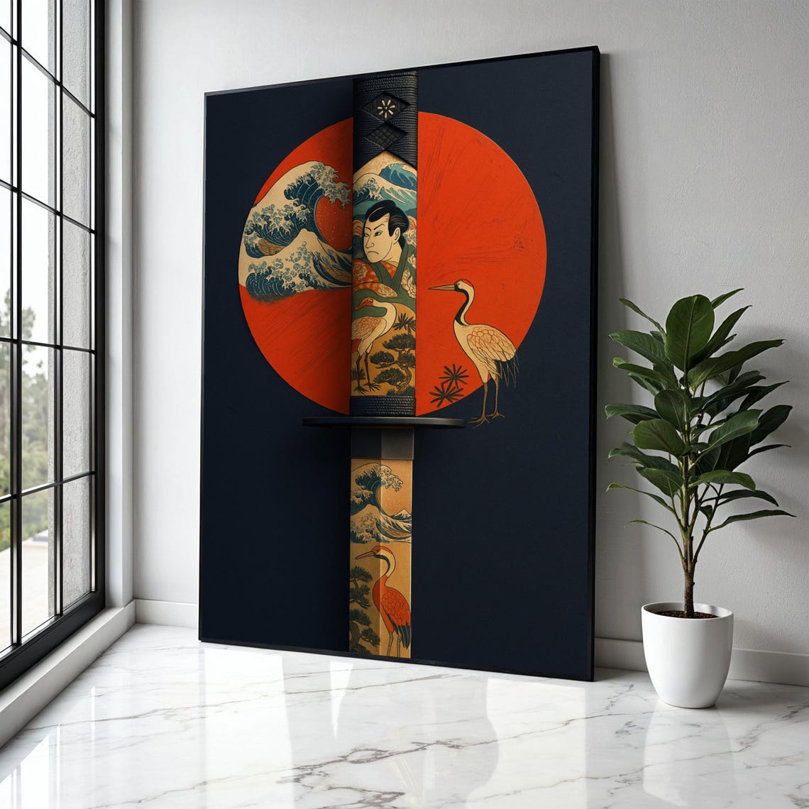 Japanese Katana Red Sun Wave Crane Samurai Sword Decor Poster