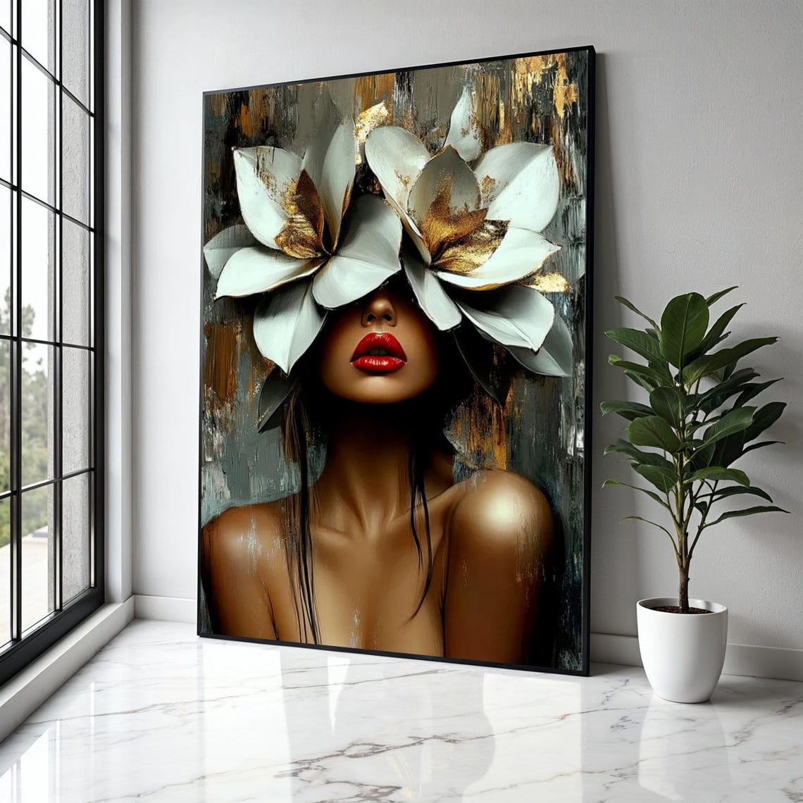 Giant White Magnolia Floral Woman Red Lips Gold Modern Poster