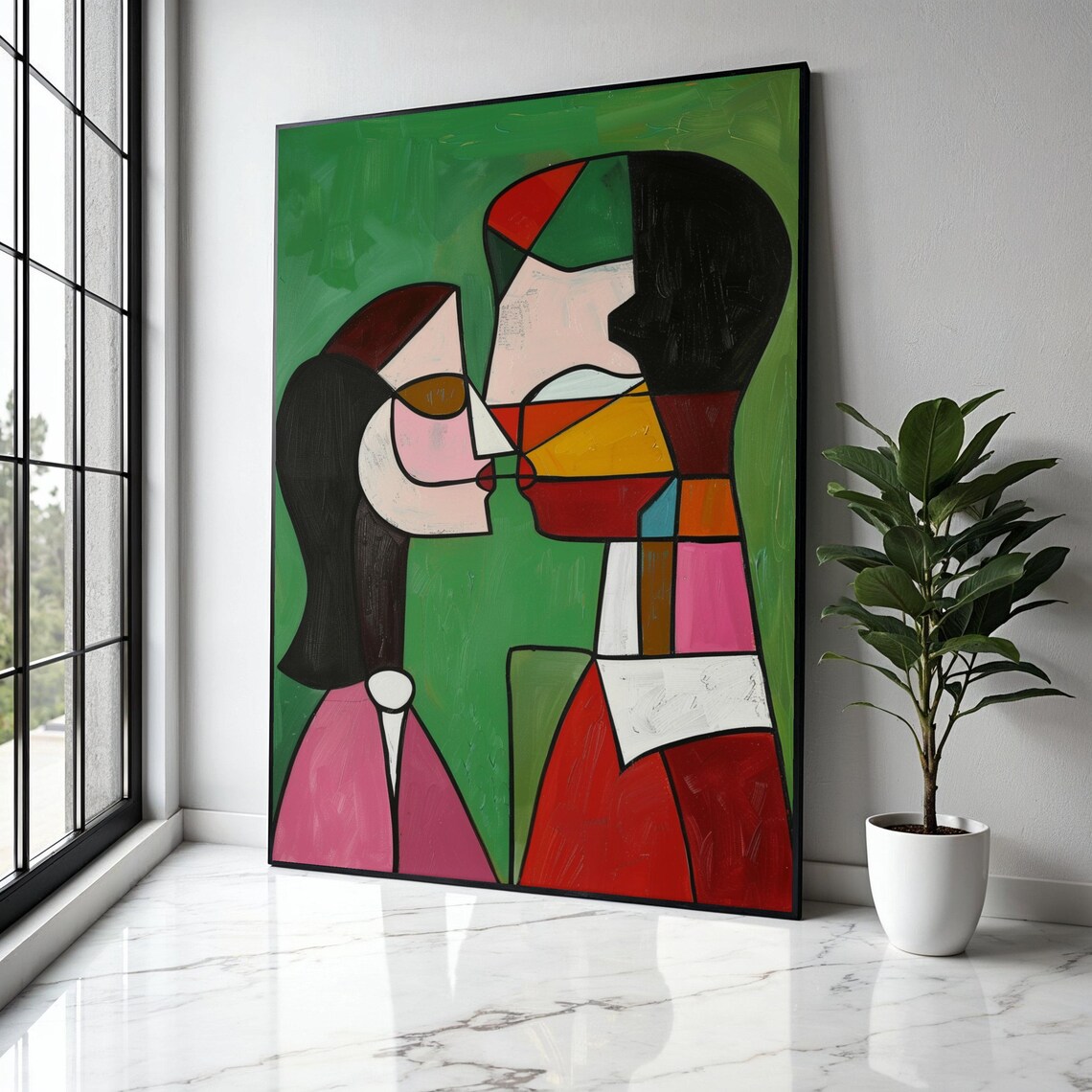 Cubist Couple Kissing Geometric Faces Colorful Modern Art Poster