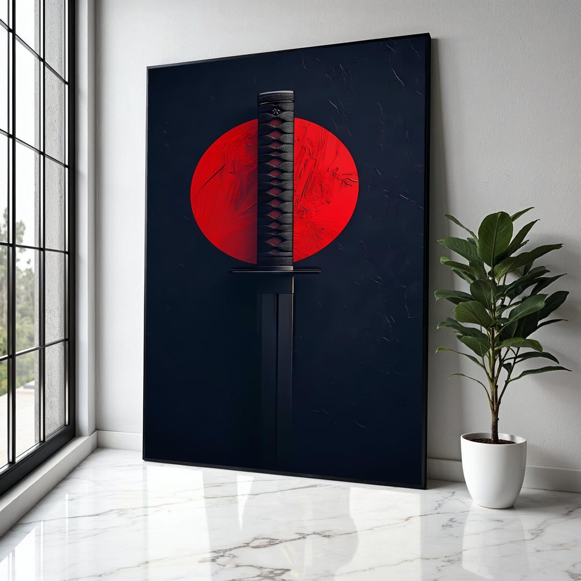 Japanese Katana Sword Handle Red Sun Circle Minimalist Samurai Poster