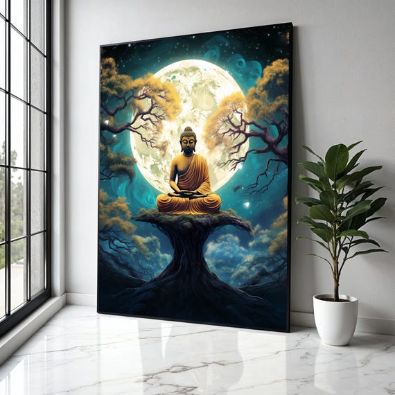 Meditating Buddha Canvas Spiritual Wall Art Full Moon Night Zen Forest Scene Peaceful Yoga Decor Gift Home Print