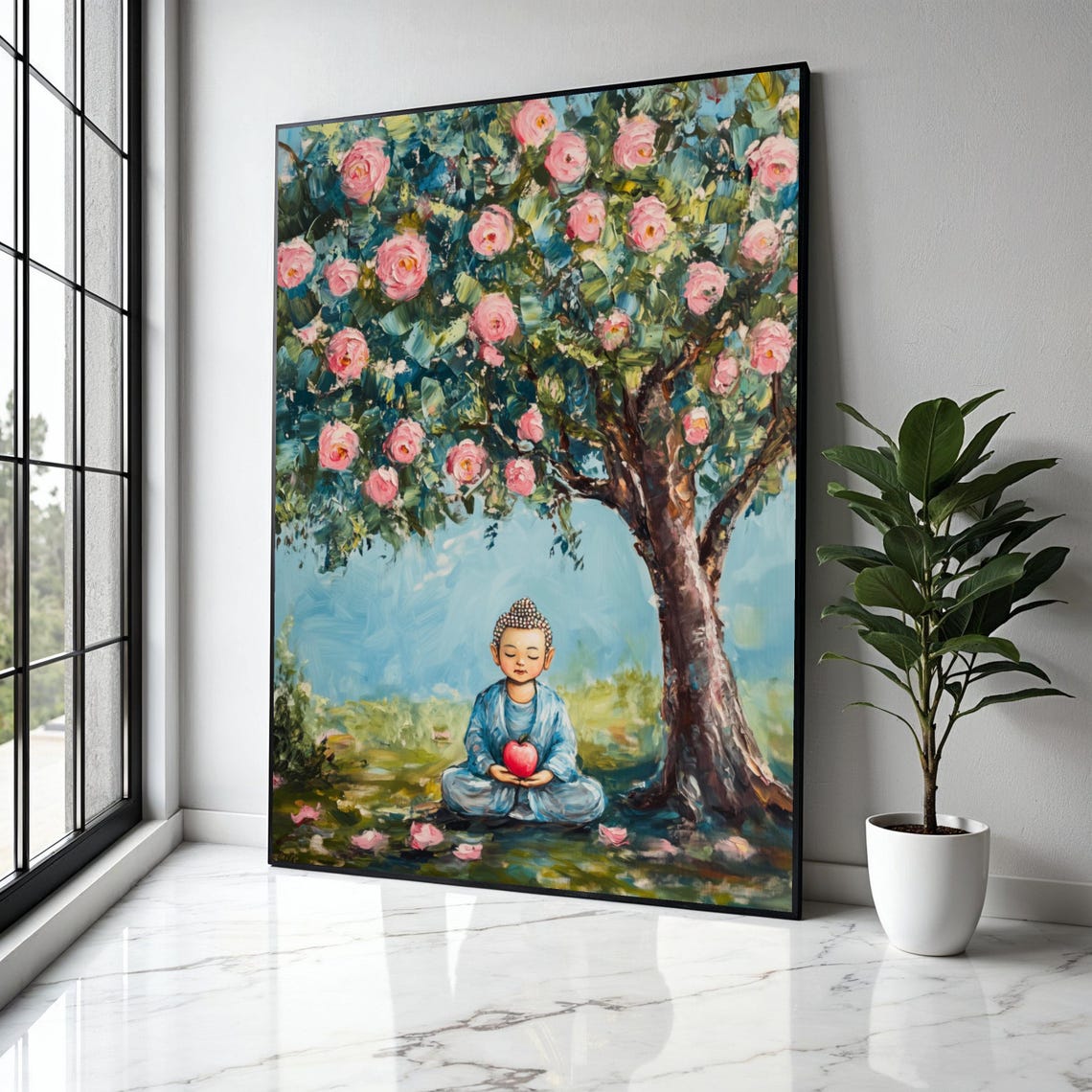 Baby Buddha Meditating Under Blossoming Rose Tree Art Poster
