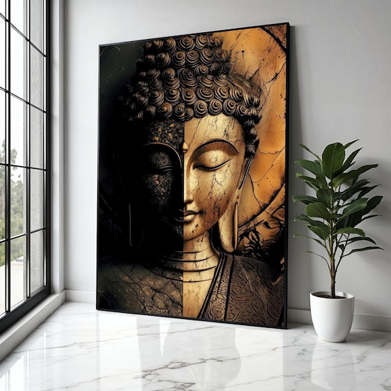 Dual Tone Buddha Face Half Black Half Gold Abstract Zen Meditation Poster