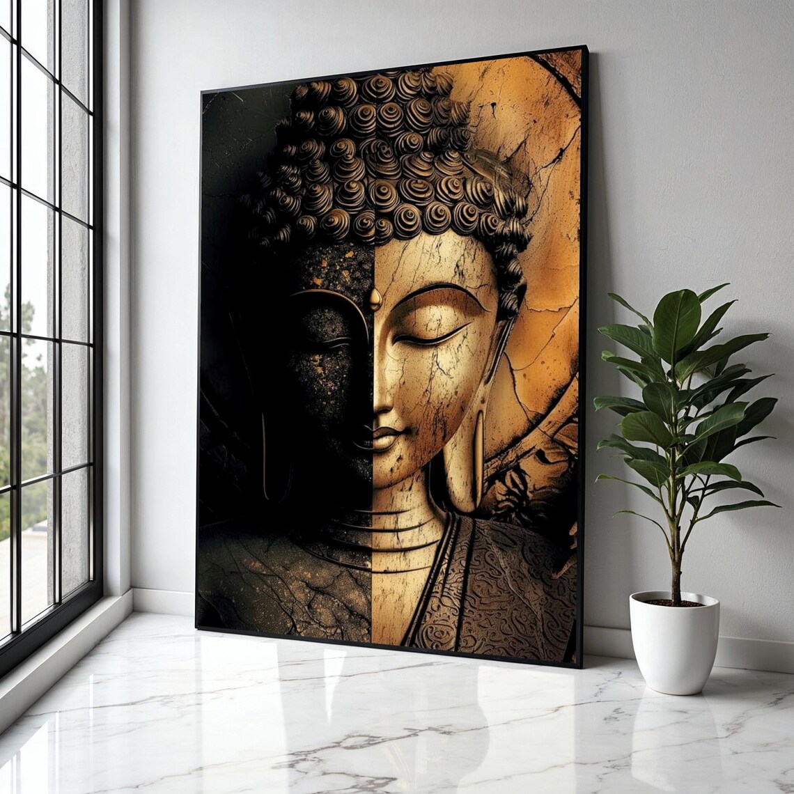 Dual Tone Buddha Face Half Black Half Gold Abstract Zen Meditation Poster