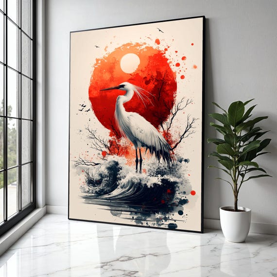 Elegant White Heron Canvas Red Sun Abstract Art Japanese Style Wall Decor Nature Bird Illustration Coastal Gift Home Print