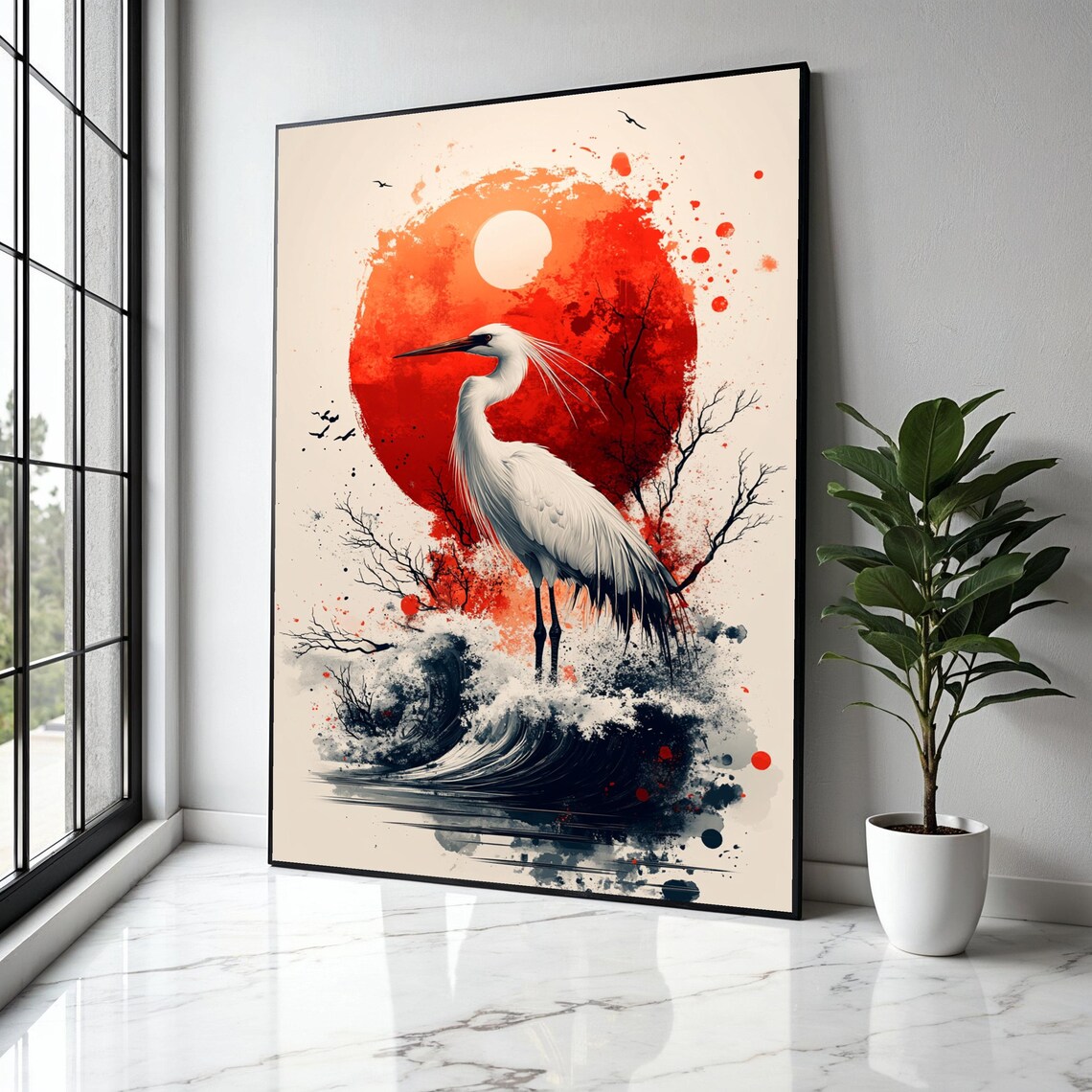 White Egret Standing Waves Red Sun Japanese Ink Style Bird Poster