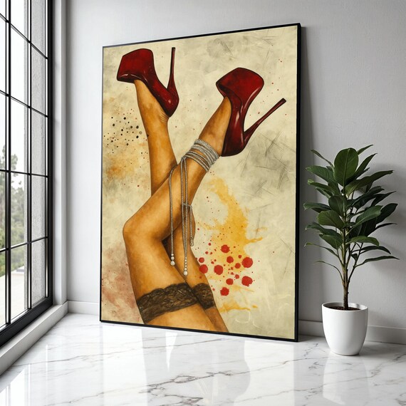 Red High Heels Legs Watercolor Glamour Fashion Boudoir Art Poster
