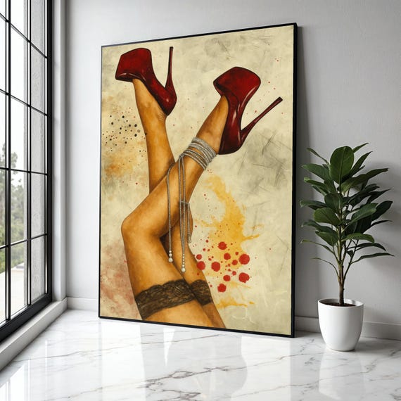 Sensual Red Stiletto Heels Canvas Sexy Legs Wall Art Lace Stockings Decor Fashion Illustration Print Gift Home