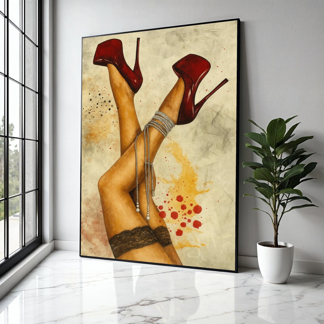 Red High Heels Legs Watercolor Glamour Fashion Boudoir Art Poster