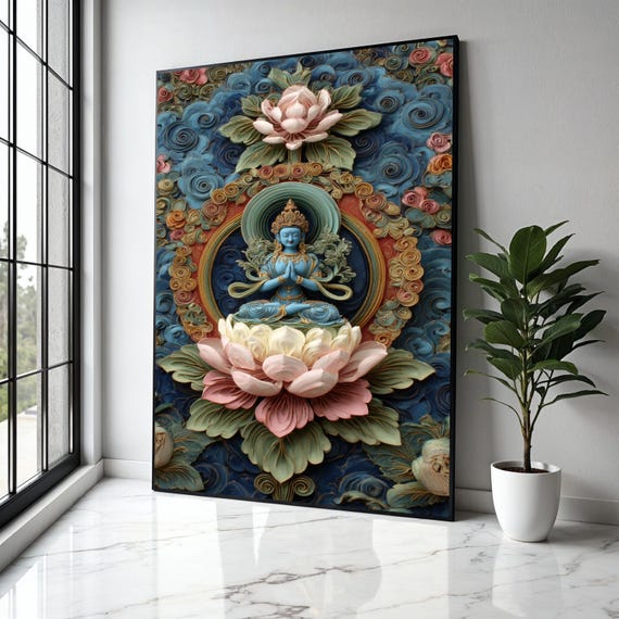 Blue Buddha Statue Canvas Flower Wall Art Spiritual Meditation Decor Ornate Floral Background Asian Gift Home Print